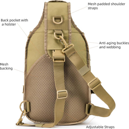 15L Tactical Crossbody Sling Bag | Everyday One Shoulder Backpack Fit 12 Inch Laptop, Molle, Daily Use, Travel, Hiking (Tan)