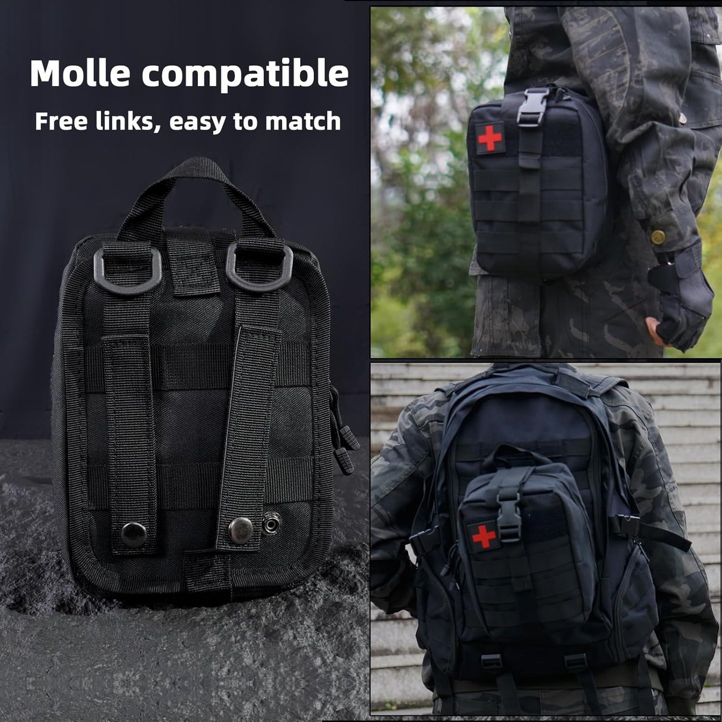 IFAK Trauma Kit, Molle Pouch Emergency Survival Kit, 6” Israeli Straps, Chest Seal Vented, Self-Adhesive Elastic Bandage, for Wound Care(Black)