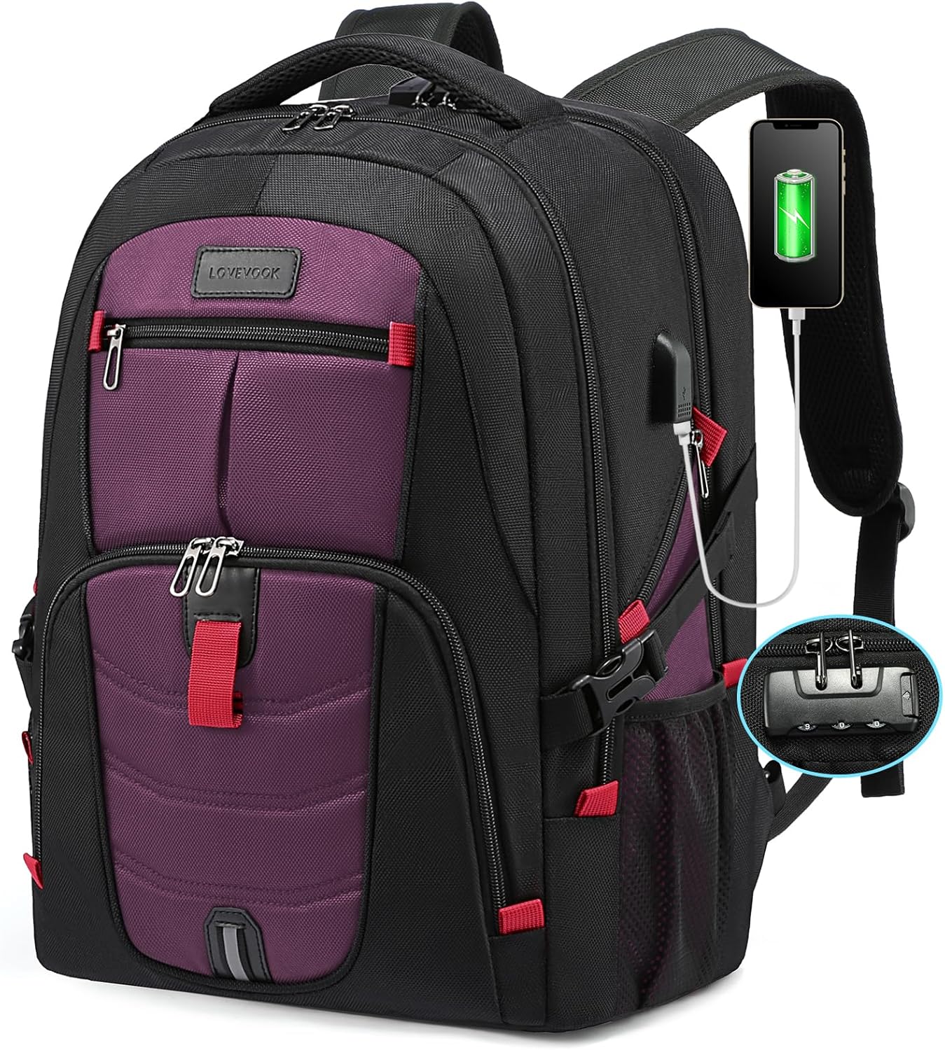 LOVEVOOK Travel Laptop Backpack Waterproof Anti Theft Backpack with Lock and USB Charging Port Large Computer Business Backpack for Men Women College Backpack(17 inch,Black&Purple)