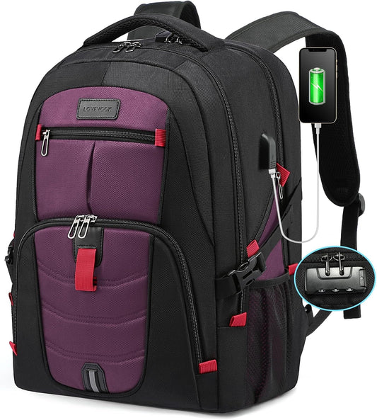 LOVEVOOK Travel Laptop Backpack Waterproof Anti Theft Backpack with Lock and USB Charging Port Large Computer Business Backpack for Men Women College Backpack(17 inch,Black&Purple)