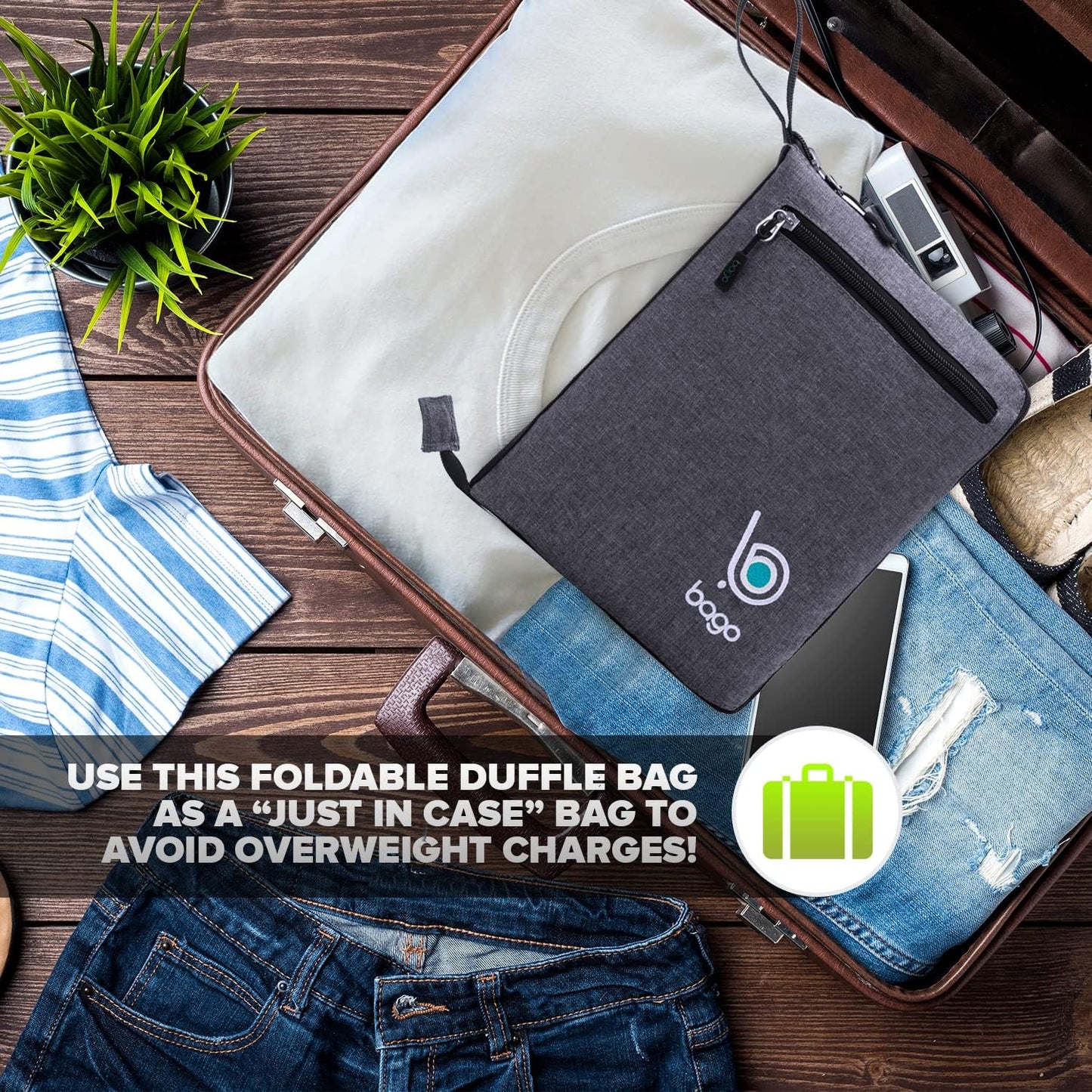 Bago Foldable Duffel Bags for Traveling Women & Men - 40L Sports Packable Duffle Bag for Travel with Shoe Compartment - Water Repellant, Heavy Duty, Lightweight Folding & Collapsible (SnowBlack)