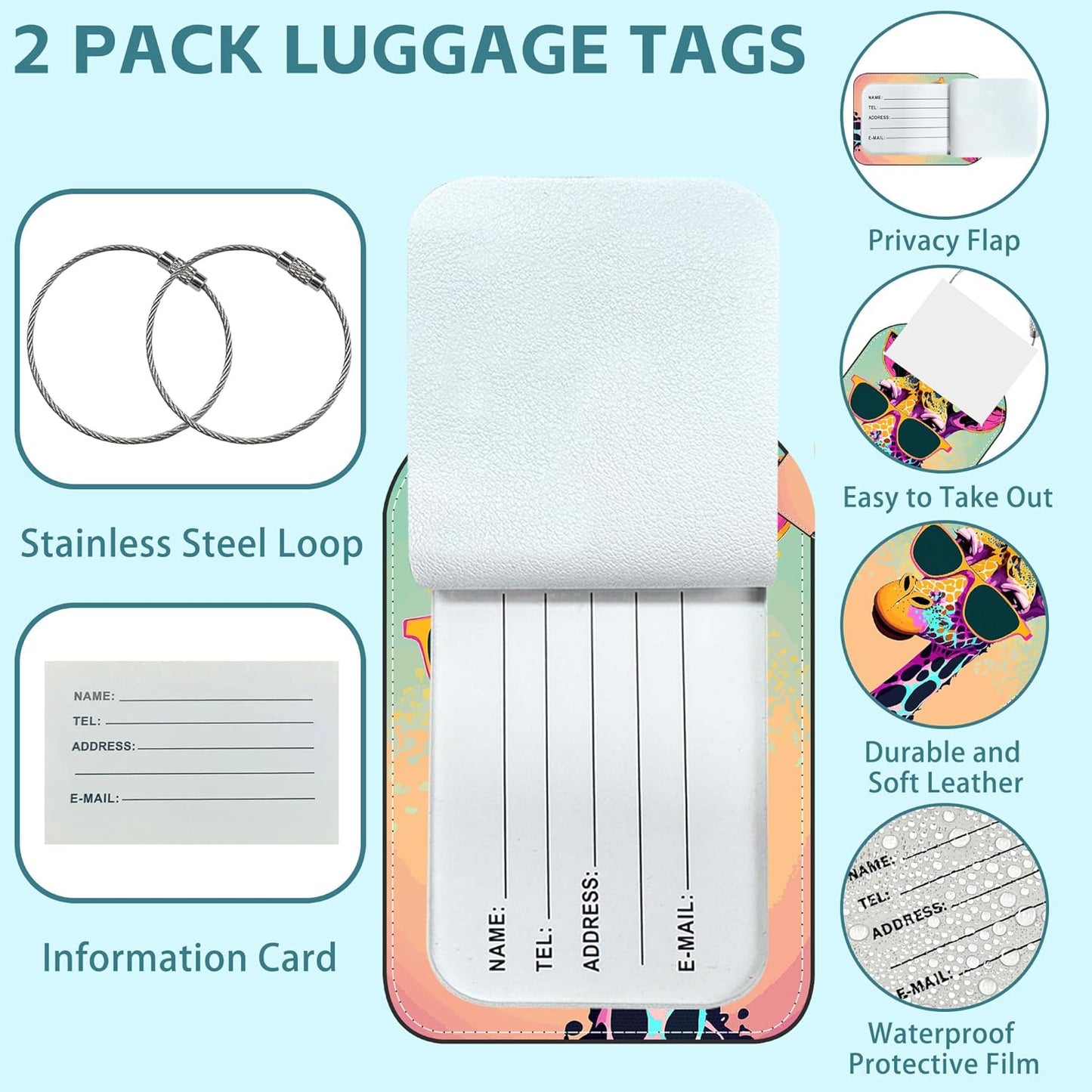 Funny Giraffe Luggage Tag for Suitcase Set of 2 PU Leather Cute Luggage Tags with Stainless Metal Loop ID Label Privacy Flap Suitcase Tags for Women and Men Travel