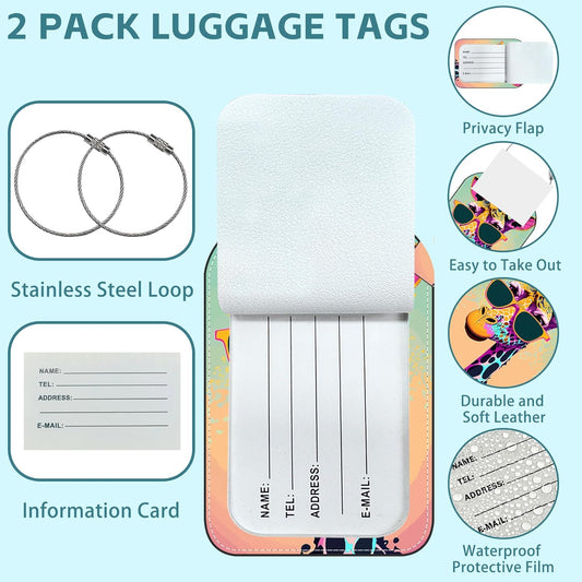 Funny Giraffe Luggage Tag for Suitcase Set of 2 PU Leather Cute Luggage Tags with Stainless Metal Loop ID Label Privacy Flap Suitcase Tags for Women and Men Travel