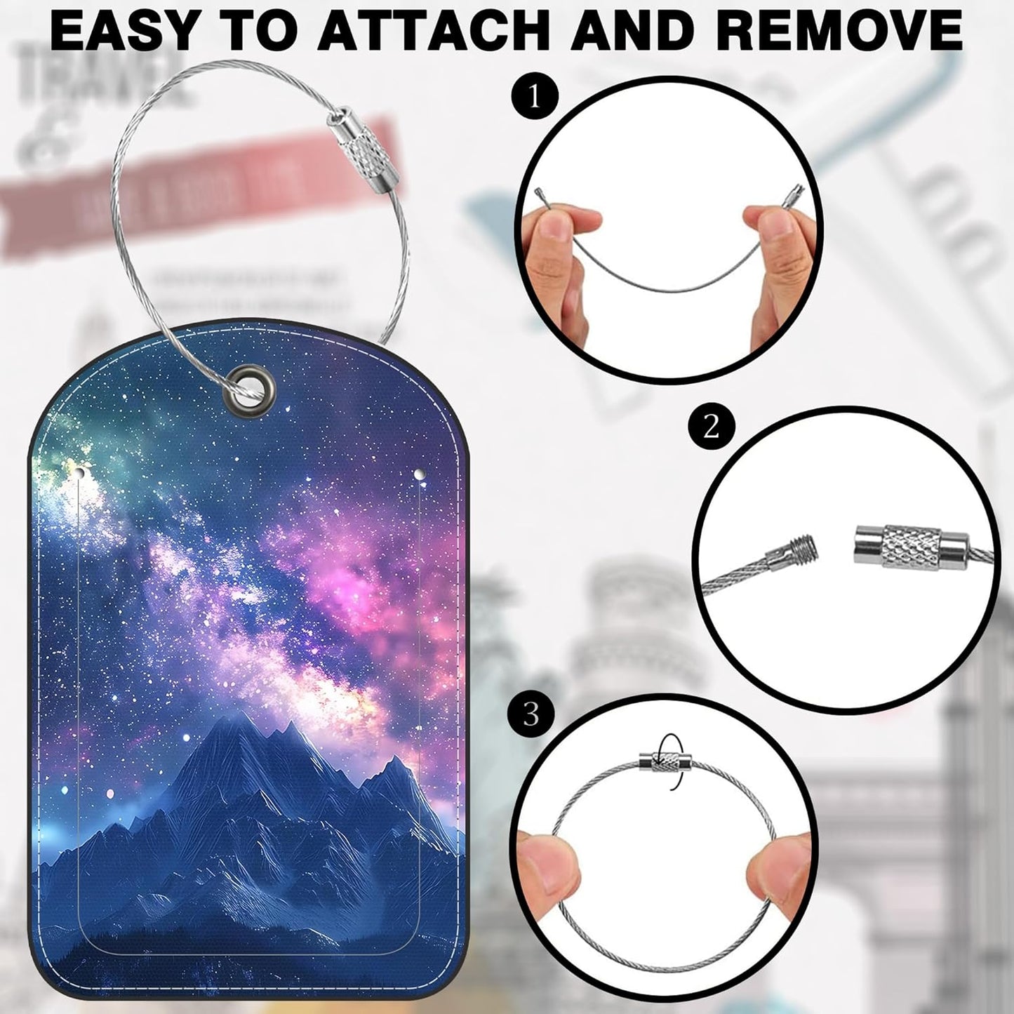 2 Pack PU Luggage Tags for Suitcase, Mountain Under Starry Sky Suitcase Tag Leather ID Label Bag Tags with Privacy Cover and Metal Loop for Men Women Travel Bag