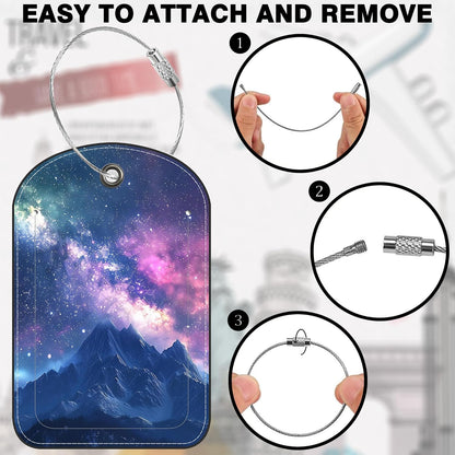 2 Pack PU Luggage Tags for Suitcase, Mountain Under Starry Sky Suitcase Tag Leather ID Label Bag Tags with Privacy Cover and Metal Loop for Men Women Travel Bag