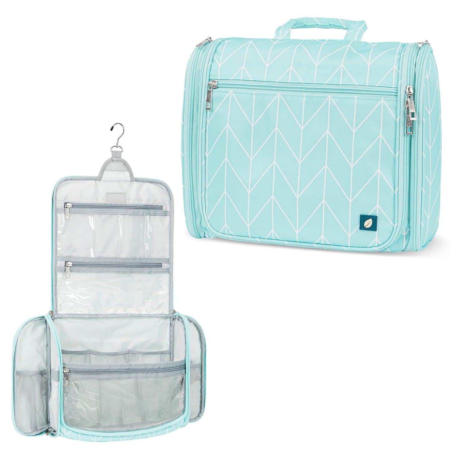 PAVILIA Large Hanging Toiletry Bag Travel Bag Women Men, Cosmetic Organizer, Water Resistant Makeup Bag Accessories Toiletries, Travel Essentials Kit, Teal Chevron