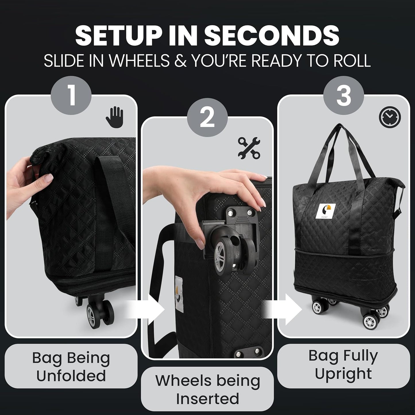 ISOKE Foldable Travel Duffel Bag - TSA Approved - With Wheels & Shoe Compartment - Weekender Bags for Women - Carry On Overnight Bag - Black - 16"×10"×24"