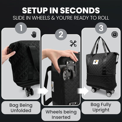 ISOKE Foldable Travel Duffel Bag - TSA Approved - With Wheels & Shoe Compartment - Weekender Bags for Women - Carry On Overnight Bag - Black - 16"×10"×24"