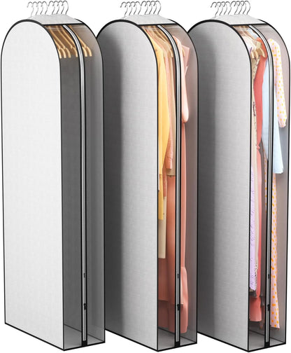 10" Gusseted Garment Bags for Hanging Clothes 60" Suit Bags for Open Closet Storage, Side Clear Clothing Cover for Coat, Dress, Jacket, Shirt, Fur Wardrobe Protector, 3 Packs, Grey