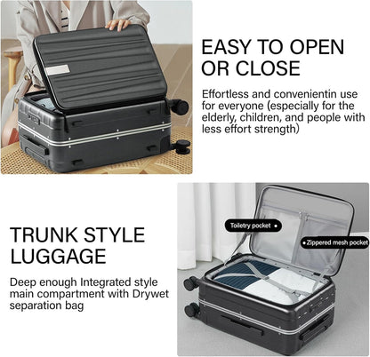 Hanke 20 Inch Carry-On Luggage PC Hard Shell Suitcases for Travel Front Opening Aluminum Frame Travel Luggage Rolling Suitcase with Wheels for Women Man Gifts.(Jet Black)