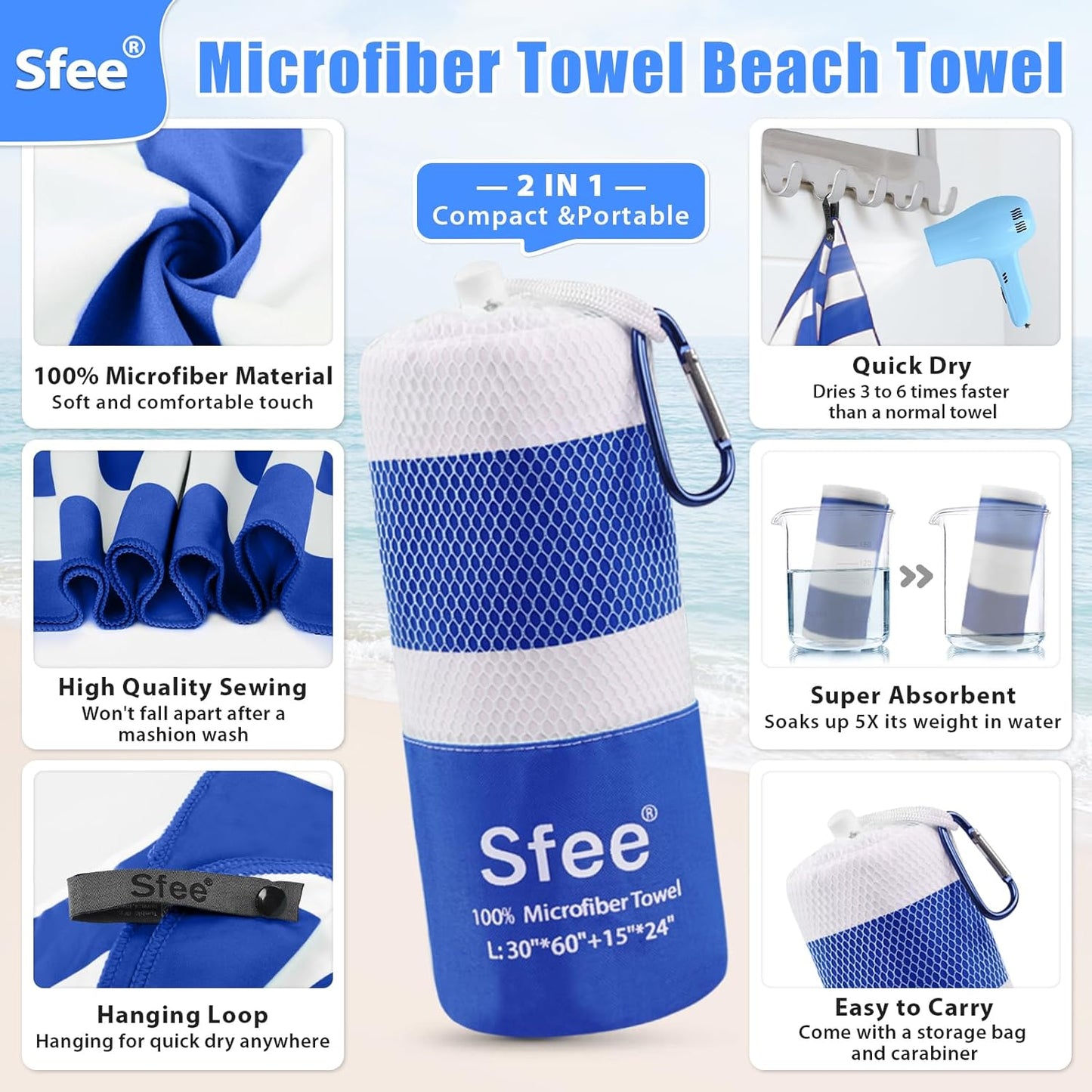 Sfee 4 Pack(8Pcs) Microfiber Travel Towel, Beach Towel Quick Dry Towel Camping Towel Super Absorbent Compact Lightweight Sports Towel Gym Towel for Beach, Gym, Hiking, Pool, Backpacking, Bath, Yoga