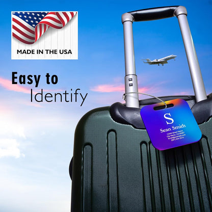 Luggage Tags for Suitcase - Personalized Engraved Blue Metal Tag for Cruise Travel - Custom Name Tags Suitable for Bags and Backpacks