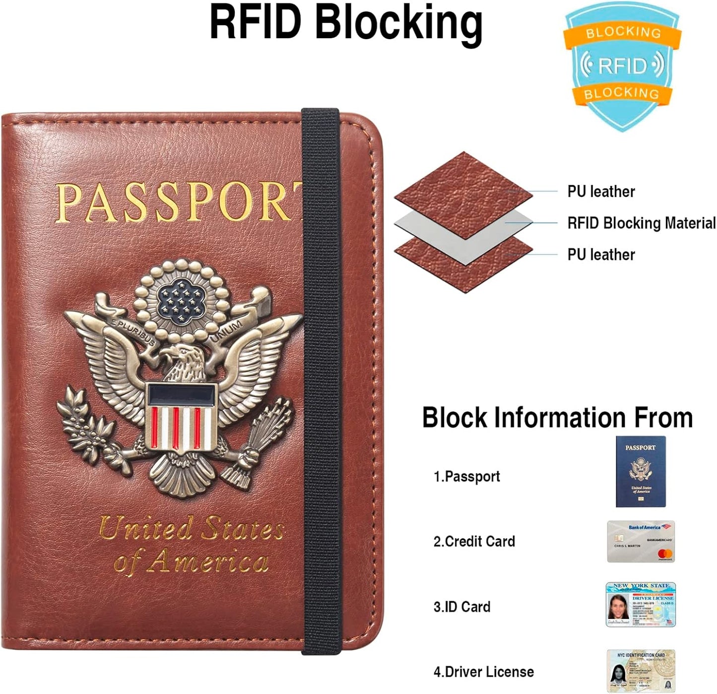 Passport Holder for Travel Passport Cover for Men Passport Wallet Case With 3D Metal Badge Protector Leather Card Case RFID Blocking Women Travel Accessories Document Organizer (Brown)