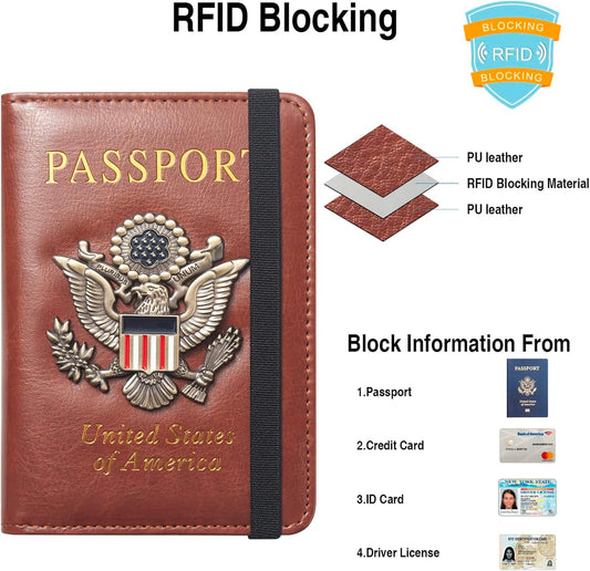 Passport Holder for Travel Passport Cover for Men Passport Wallet Case With 3D Metal Badge Protector Leather Card Case RFID Blocking Women Travel Accessories Document Organizer (Brown)