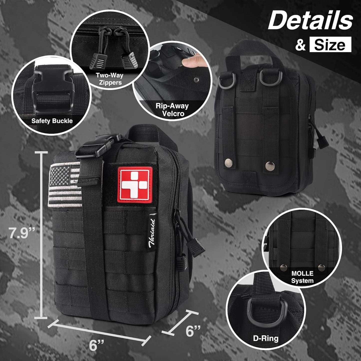 Survival First Aid Kit with Israeli Bandage, Splint, Chest Seal, Tactical Military Combat Molle IFAK for Wound Care, Bleeding Control, Trauma Hemorrhage and More
