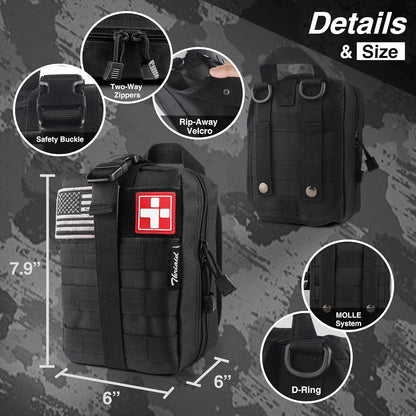 Survival First Aid Kit with Israeli Bandage, Splint, Chest Seal, Tactical Military Combat Molle IFAK for Wound Care, Bleeding Control, Trauma Hemorrhage and More