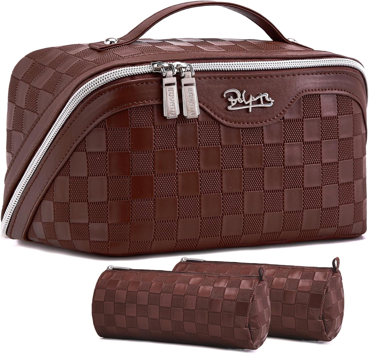 Travel Makeup Bag Organizer Cosmetic Bag: 3 Pcs Set Make up Bags for Women with Handle - Waterproof Vegan Leather Toiletry Bags with Comparments (C-09-Coffee)