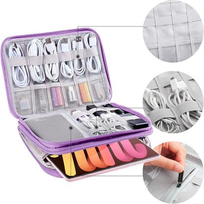 Electronics Organizer - Travel Cable Organizer Bag, Water Resistant Double Layers Pouch for Cord, iPhone, iPad Mini - Gift for Men Electronic Accessories Storage Case with 5 Cable Ties, Purple