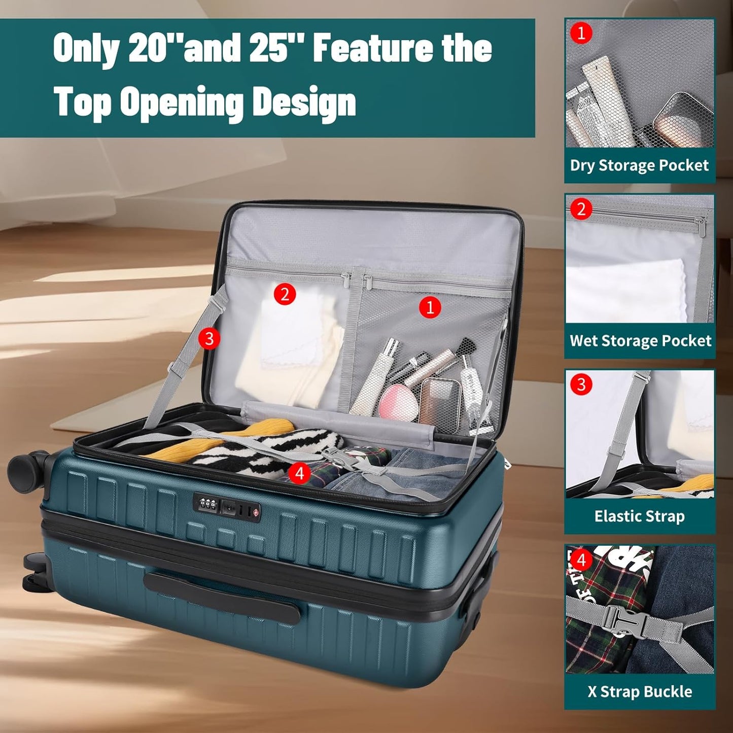 3-Piece 20/24 Top Opening Hardshell Lightweight Luggage and 28-Inch Clamshell Opening Suitcase with Spinner Wheels & TSA Locks, Teal Blue, 20in/24in/28in