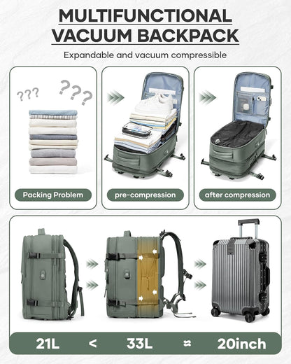 Vacuum Backpack With Vacuum Compression,Expanded Travel Laptop Backpacks For Women Men,Carry On Backpack Vacpack Backpacks With Pump Seal Packing, Personal Item Travel Bag Olive Green