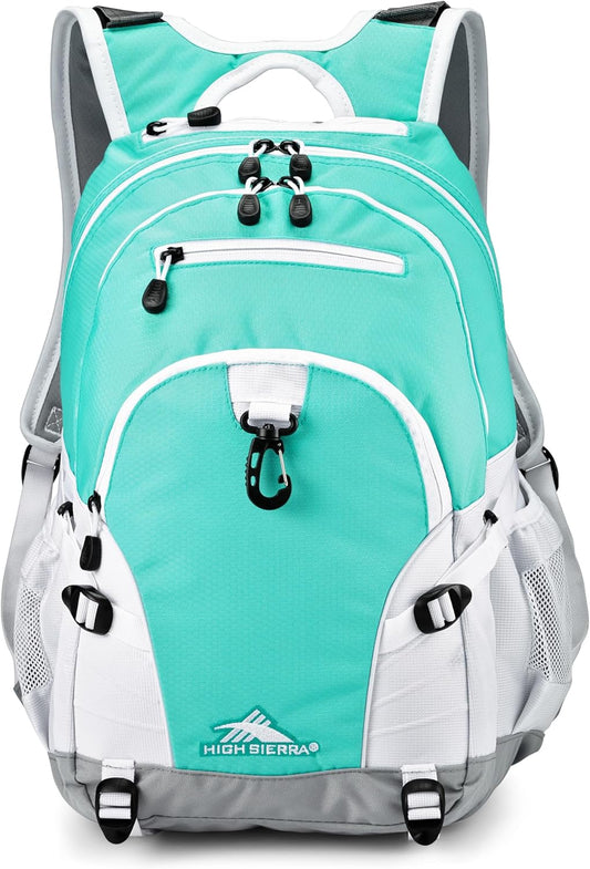 High Sierra Loop Backpack, Travel, or Work Bookbag with tablet sleeve, One Size, Aquamarine/White/Ash