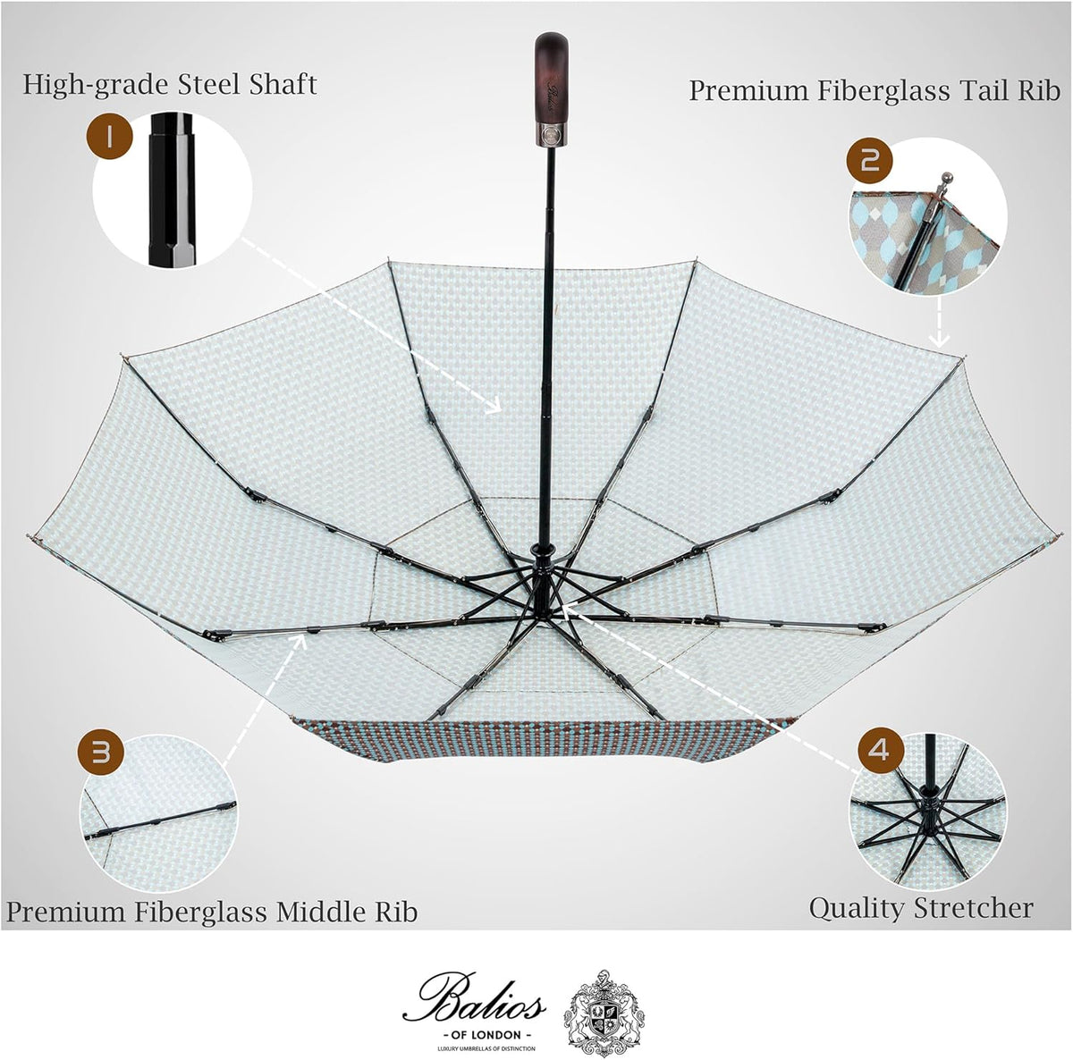 Balios Travel Folding Umbrella with Real Wood Handle Auto Open Close Vented Windproof Canopy - Designed in UK