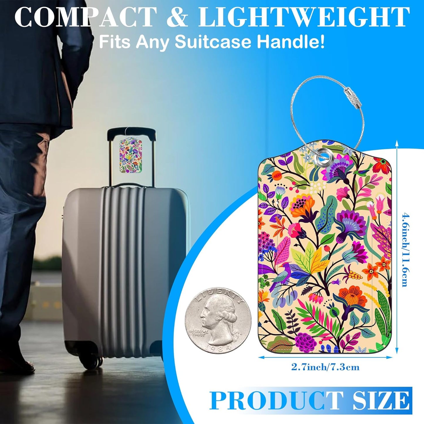 Colorful Flowers and Tropical Leaves Luggage Tags for Suitcases Leather Travel Tags for Luggage ID Label with Privacy Cover and Stainless Steel Loop for Men Women Suitcase Backpack, Set of 2