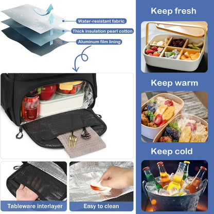 Laptop Lunch Backpack for Men - 40L Large Capacity Work Backpack with Lunch Compartment and USB Post, RFID Insulated Cooler Backpack for Work, Travel, Picnic, Black