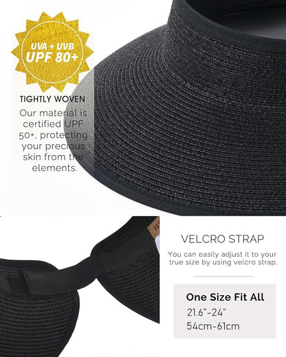 FURTALK Sun Hats for Women Wide Brim Beach Hat Straw Visor Ponytail Summer UV - Image 3