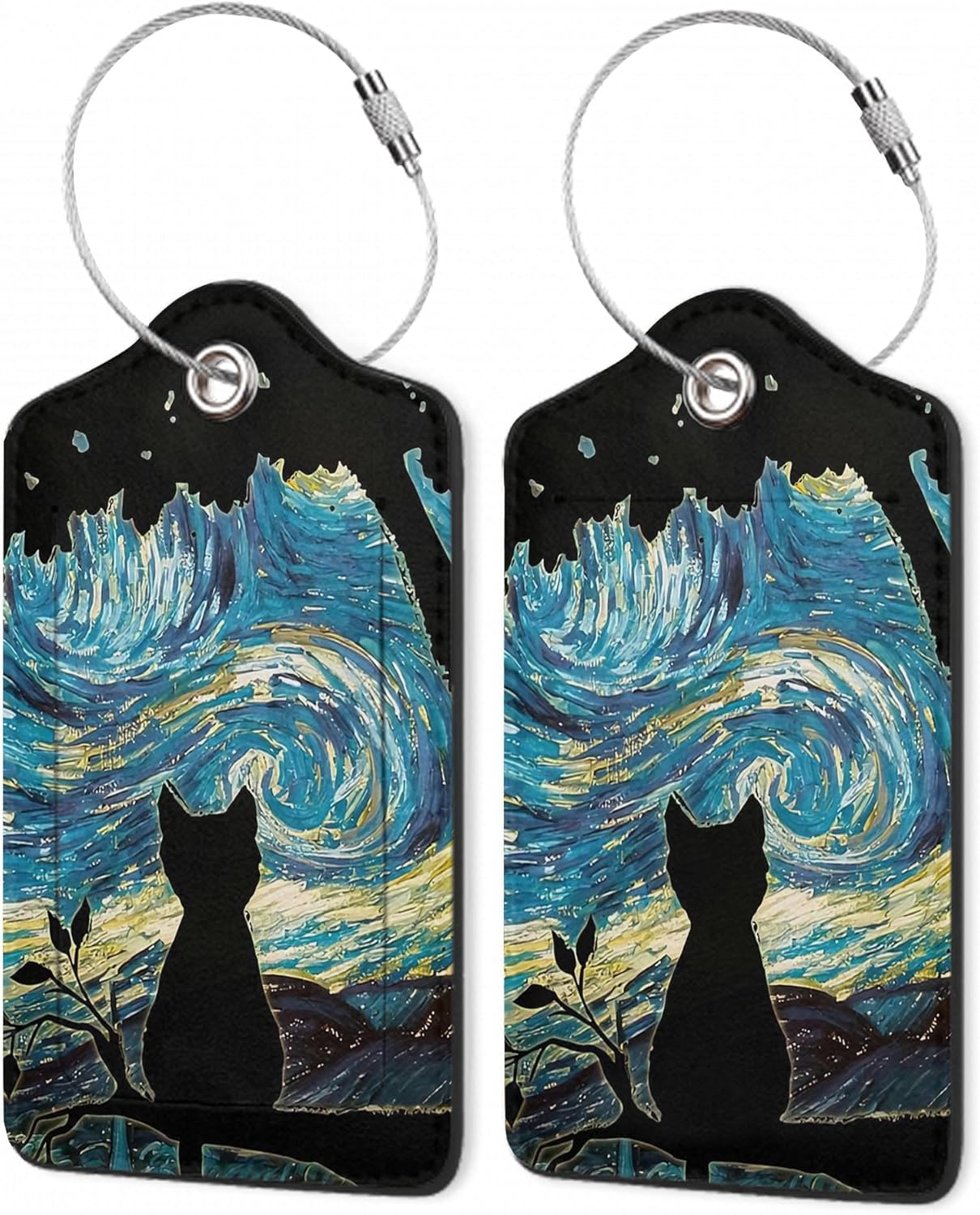 Luggage Tags,Black Cat Starry Night Cute Suitcase Tag with Privacy Flap & Name ID Label & Metal Loop,Luggage Tags for Women Men Baggage Handbag School Bag Backpack