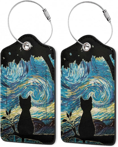 Luggage Tags,Black Cat Starry Night Cute Suitcase Tag with Privacy Flap & Name ID Label & Metal Loop,Luggage Tags for Women Men Baggage Handbag School Bag Backpack