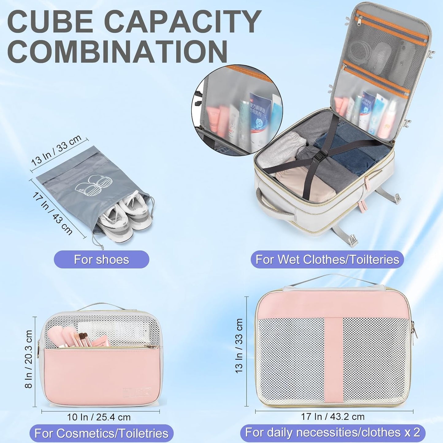 42L Travel Laptop Backpack, Expandable Carry-on Luggage, Anti-Theft Business Weekender Bag with USB Port, 3 Packing Cubes & Shoe Bag (Grey)
