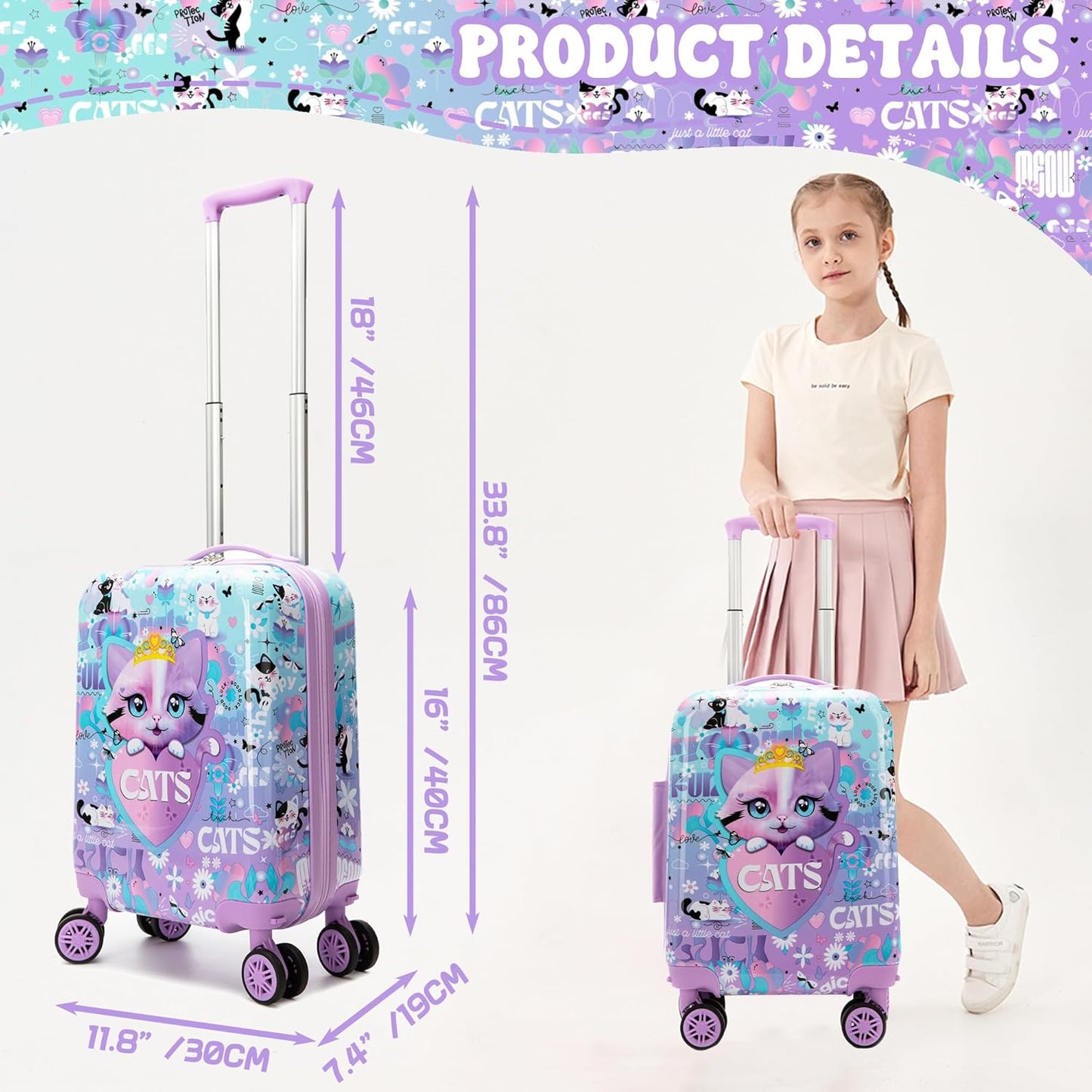 Kid’s Luggage Set 5 Piece Suitcase Set 16’’ Hardside Luggage with Spinner Wheels Girls Carry on Toddler Travel Rolling Suitcase Carry on Luggage Airline Approved