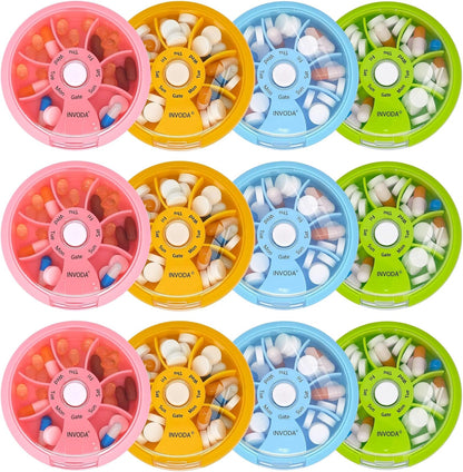 12PCS INVODA Weekly Pill Organizer 7 Compartment Rotating Pill Box for Daily Medication & Vitamins - Portable Travel Pill Case Fish Oil Supplements Vitamins Organizer