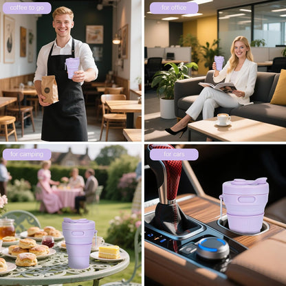 Silicone Collapsible Travel Mug Purple 15oz / 450ml - Leak-Proof Reusable Silicone Water Bottle for Hot and Cold Beverages - Travel Office and Home - Dishwasher Safe - Straw Included