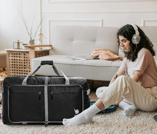 Bago Big XXL Foldable Duffel Bags for Traveling Women & Men - 140L Packable Duffle Bag for Travel with Shoe Compartment - Water Repellant, Heavy Duty, Lightweight Folding & Collapsible (Black)