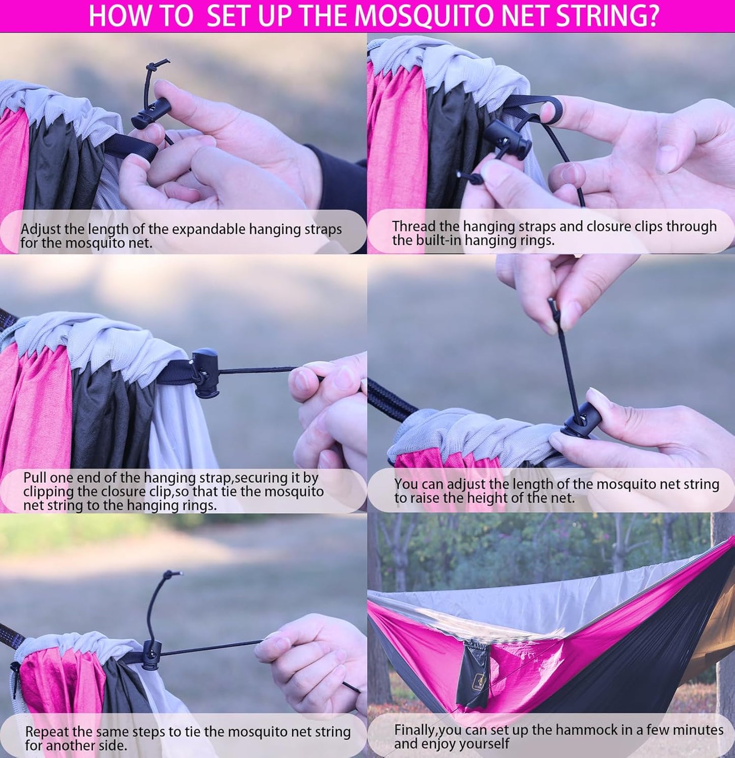 Camping Hammock, Portable Hammocks with Mosquito Net,Lightweight Nylon Parachute Hammock with 10ft Tree Straps,Camping Gear Must Haves for Travel Hiking Backpacking Beach Patio-Black&Pink