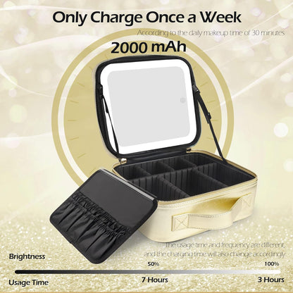 MOMIRA Makeup Bag with Mirror and Light Travel Makeup Train Case Cosmetic Bag Organizer Portable Artist Storage Bag with Adjustable Dividers Makeup Brushes Storage Organizer Golden