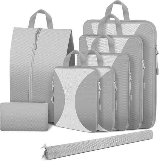 8 Set Compression Packing Cubes for Travel, Packing Cubes Compression Travel Accessories Expandable Packing Organizers for Carry on Luggage Suitcase (Gray)