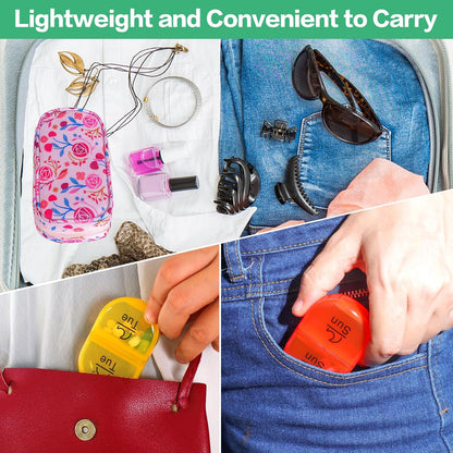 Serfeymi Weekly Travel Pill Organizer 2 Times A Day AM PM Upgraded Rainbow Pill Box 7 Day with Portable Zipper Canvas Pill Case, Medicine Organizer for Pills, Vitamins, Fish Oils - Pink 01