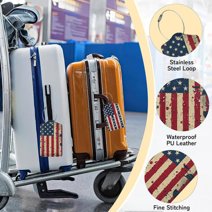 3 Pack PU Retro American Flag Leahter Luggage Tag with Stainless Steel Loop,Travel Suitcase Labels with Privacy Cover ID Label Quickly Spot for Bags
