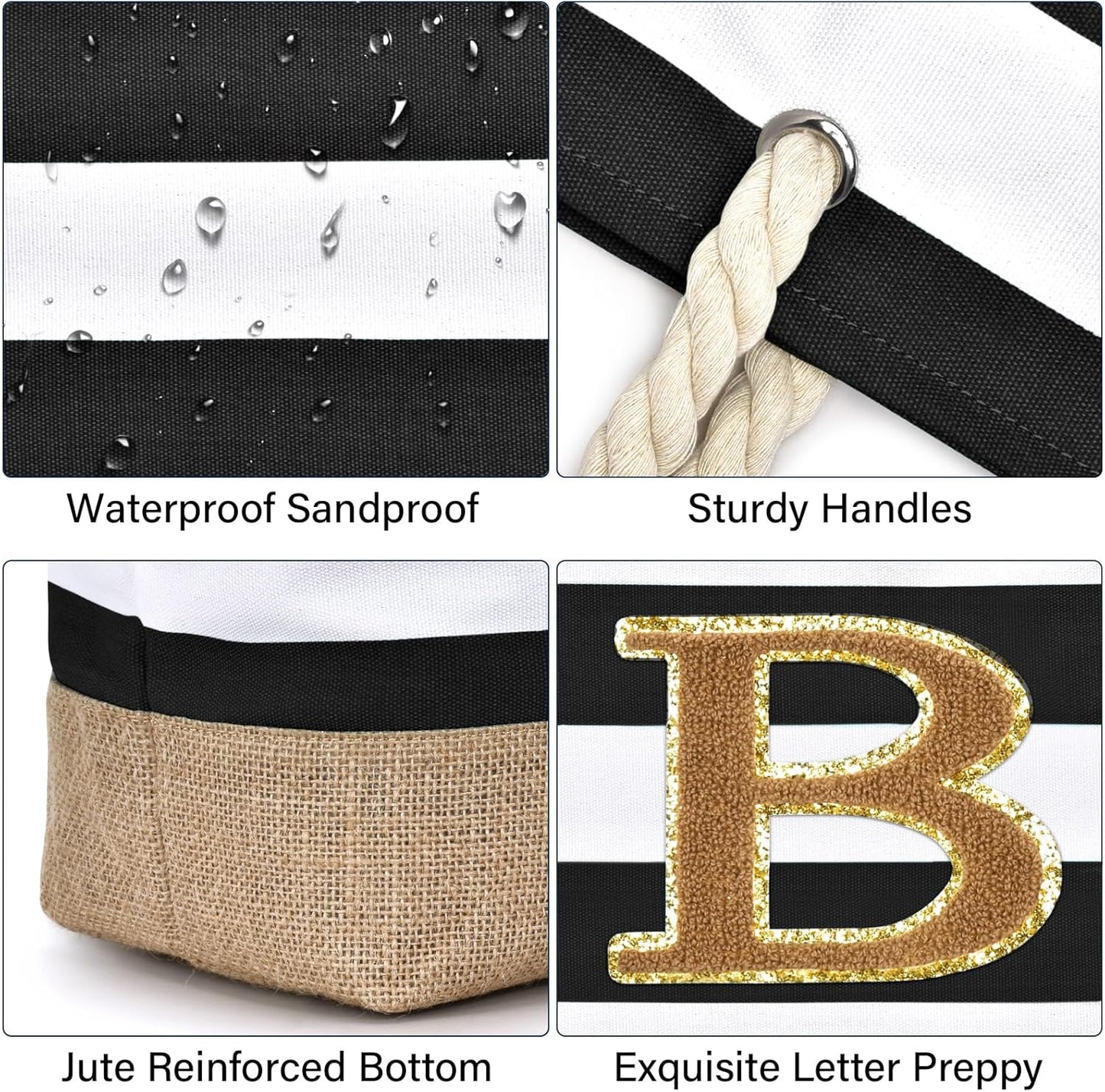 Becokan Beach Bag Initial Beach Tote with Makeup Bag for Travel Work Storage Personalized Birthday Gifts for Women Her