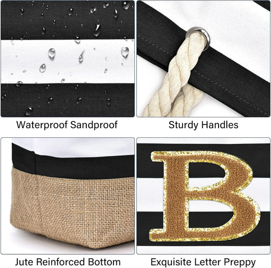 Becokan Beach Bag Initial Beach Tote with Makeup Bag for Travel Work Storage Personalized Birthday Gifts for Women Her