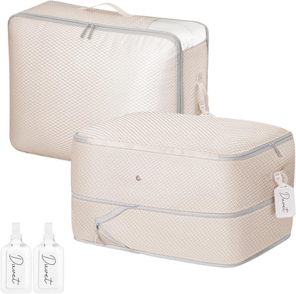 DIMJ 66L Comforter Storage Bag - 2 Pack Space Saving Self Compression Bags for Blankets, Duvets, Pillows, Bedding, and Down Jackets with Clear Window and Handle
