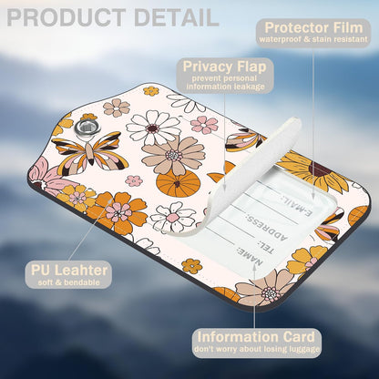 2 Pack Luggage Tags for Suitcases Retro Groovy Flowers and Butterfly Leather Luggage Tags Privacy Cover ID Label with Stainless Steel Loop and Address Card for Women Men Travel Bag Backpack