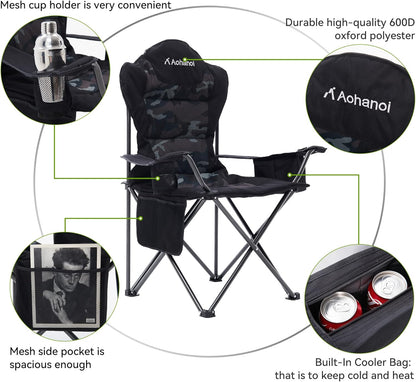 Camping Chairs, Outdoor Folding Chairs 2 Pack for Heavy People, Folding Chairs for Outside, Camp Chairs with Cup Holder & Cooler Bag, Supports up to 300lbs (2 Pcs, Camo)