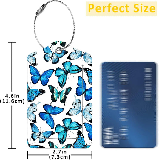 2 Pack Luggage Tag for Suitcase,Beautiful Blue Butterfly PU Leather Suitcase Tags Identifiers with Privacy Name Address Labels and Durable Steel Loop for Women Men Travel
