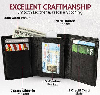 BULL GUARD Mens RFID Wallet, Black Top Grain Genuine Leather, ID and Secret Pocket, Trifold for Work, Sport, Outdoors