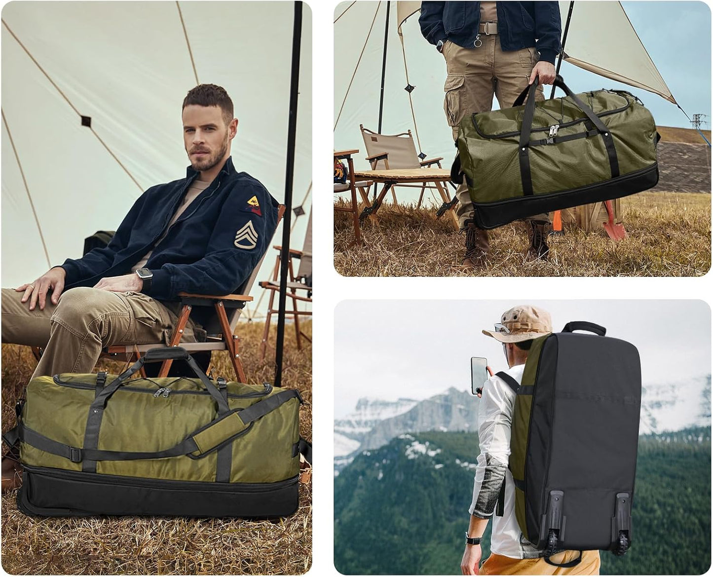 CONTAIL 32" Soft-Sided Rolling Duffle Bag with 2 Wheels,Expandable from 110L to 140L, Foldable Travel Duffel with Multiple Compartments,Army Green