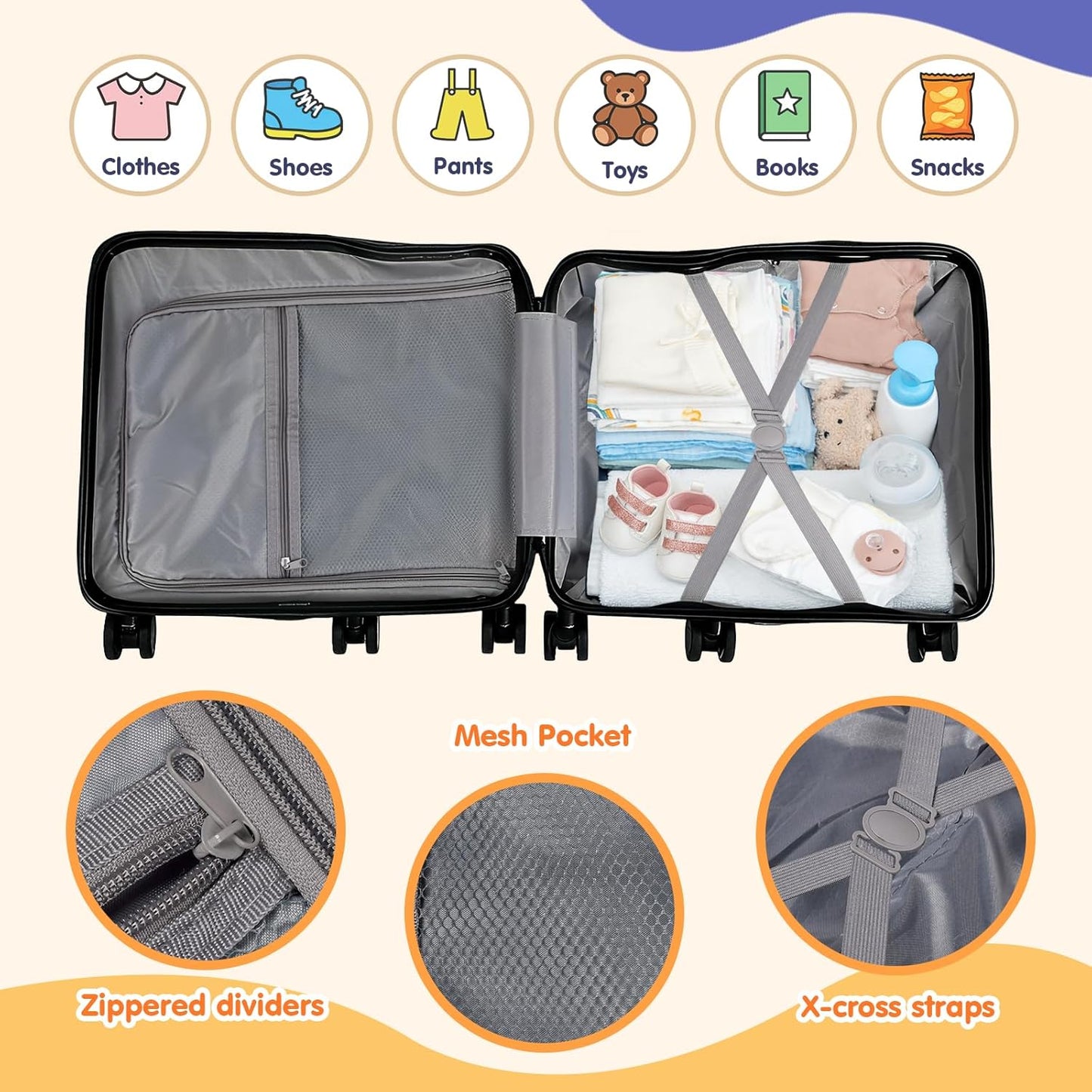 Kids Ride-On Luggage, 20" Hardshell Carry-On Suitcase with 6 Spinner Wheels, Foldable Pedal, Hidden Cup Holder & Combination Lock for Toddlers & Children (Black, 20-inch)